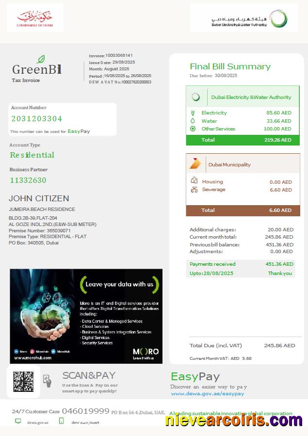 UAE Dubai Electricity & Water Authority utility bill, version 2